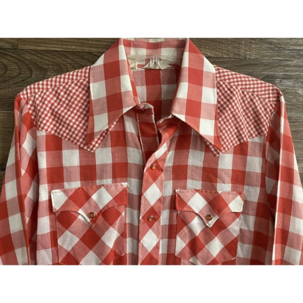 Vintage Red White Checkered Pearl‎ Snap LS Western Costume Men’s Size 15